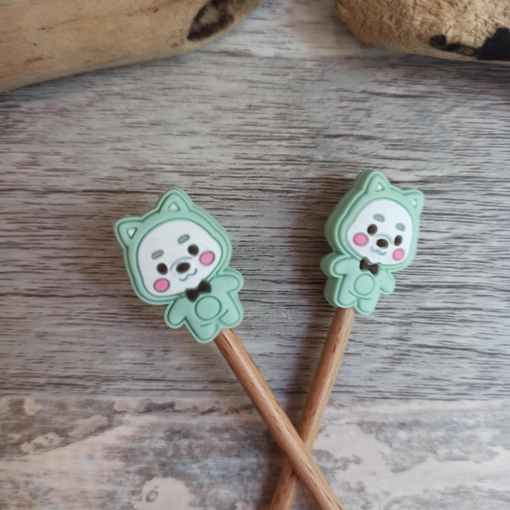 Kitty Cat in a Onesie - Stitch Stoppers - Needle Stoppers - Silicone - Knitting - Yarn- Notions - Point Protectors - Holder - Mint green