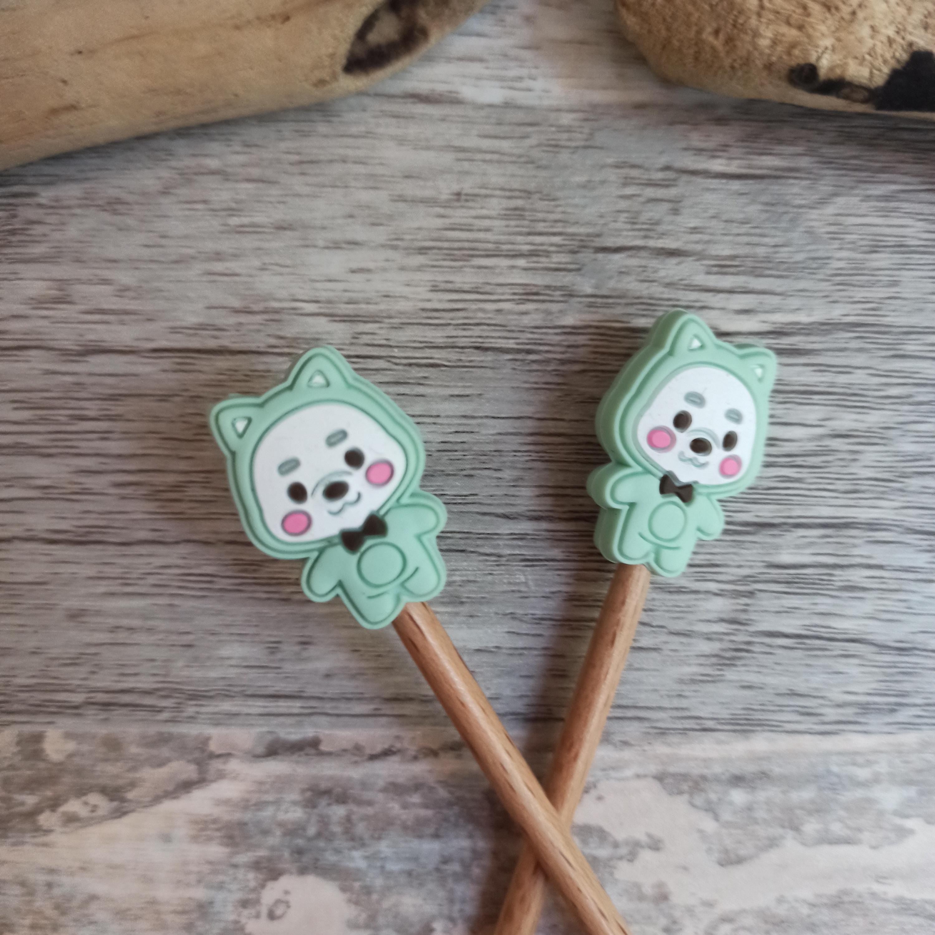 Kitty Cat in a Onesie - Stitch Stoppers - Needle Stoppers - Silicone - Knitting - Yarn- Notions - Point Protectors - Holder - Mint green