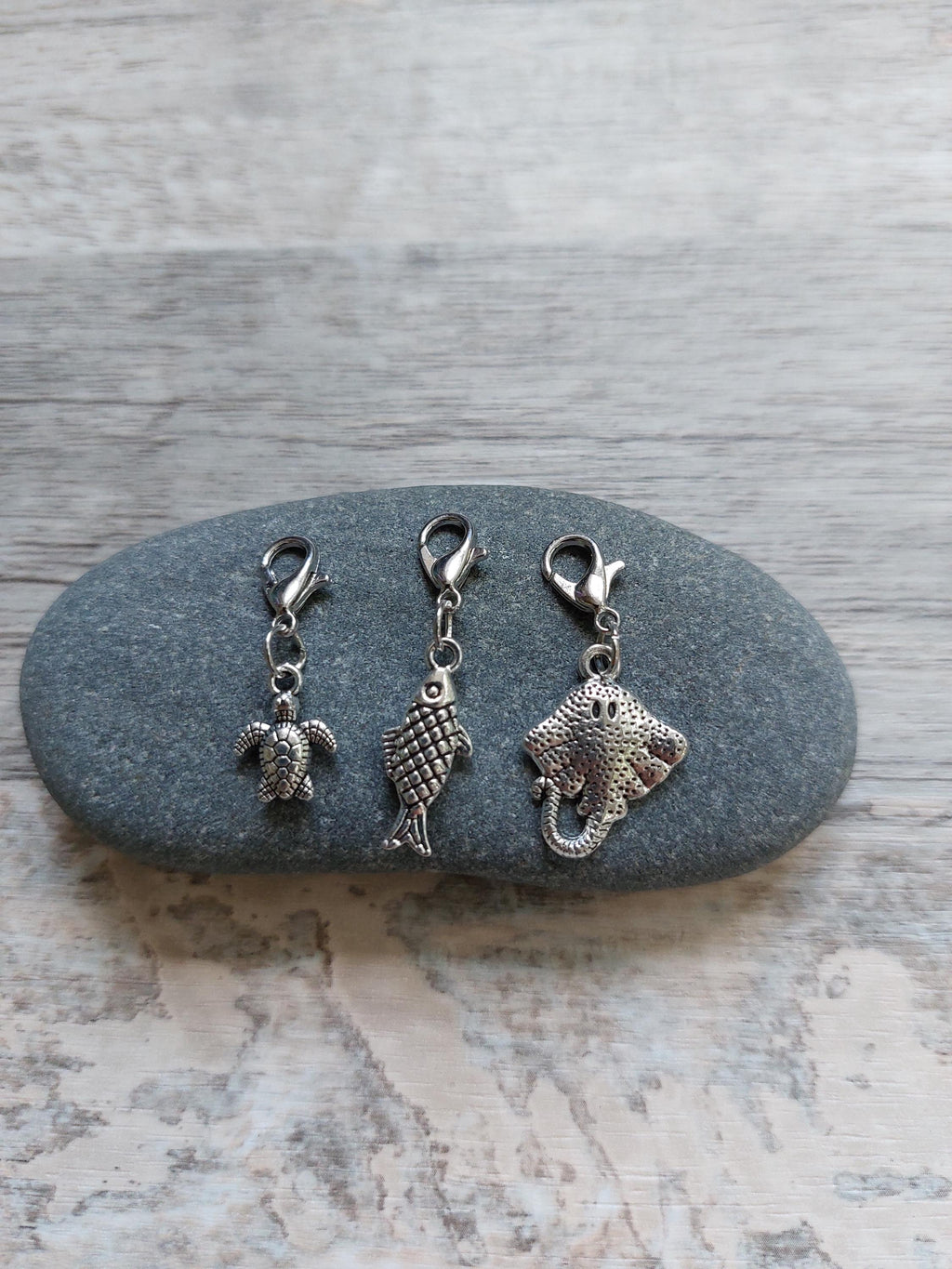 Collection of 3 Ocean Stitch Markers for Knitting and Crochet | Turtle, Manta Ray and Fish | Project Keeper Set | Knitting Notions