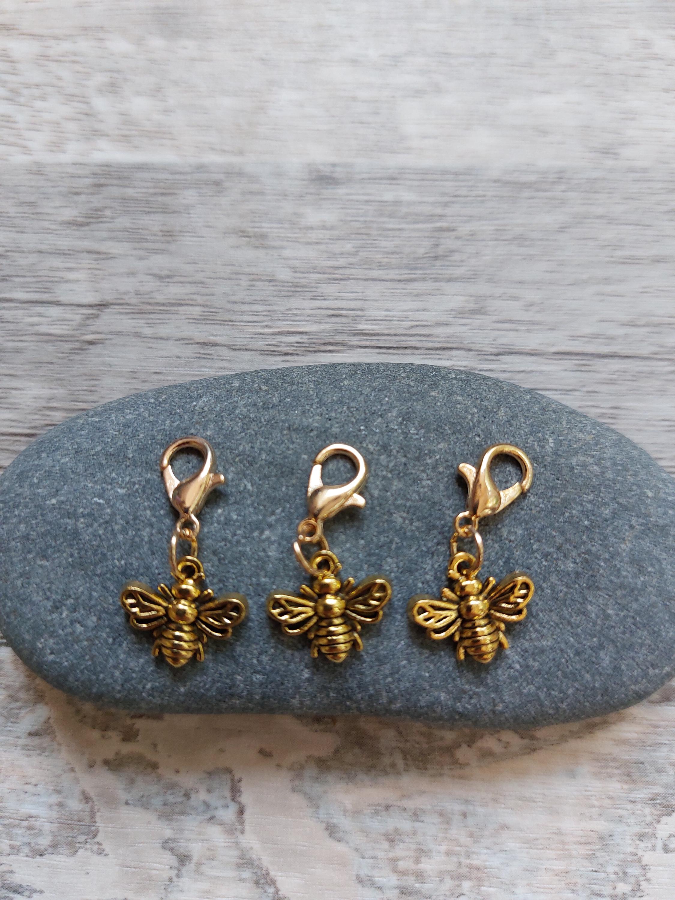 Collection of 3 Golden Bumble Bee Stitch Markers for Knitting & Crochet | Honeybee Project Keeper Set | Knitting Notions | Yarn Accessories
